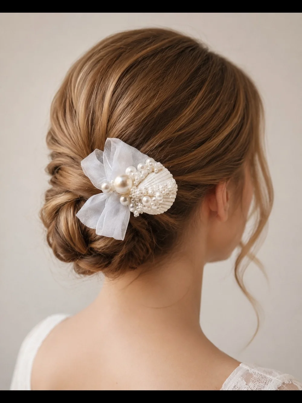 Pearl Seashell Bridal Hair Clip with Sheer Organza Bow